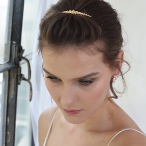 May include: A gold hair clip with small round beads. The clip is in a woman's hair, which is styled in a bun.