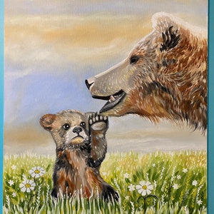クマのオリジナル絵画、クマの家族、野生の自然アート、ギフトの
