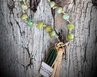 Hippie Chick! Cactus Charm, Pyrite beads, Czech Picasso beads , handknotted necklace, Tassel necklace