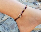 Ankle Bracelet, Bronze colored flower charm, Purlple Hematite beads,Bronze seed beads, stretch ankle bracelet.