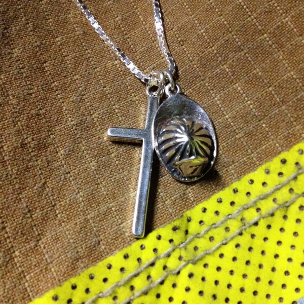 Firefighter charm necklace. .925 sterling silver necklace 16 inches long with sterling silver helmet and cross charms!!