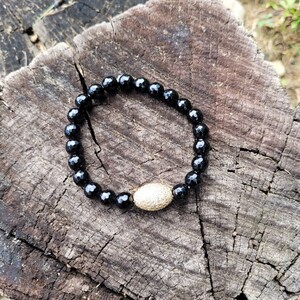 Black Onyx and Golden Pave Rhinestone Charm, Stretch Bead Bracelet