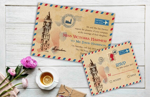 London Post Card Destination Wedding Rsvp Red Blue Etsy