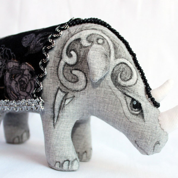 rhino fabric toy,Soft sculpture textile toys. Soft toy,  black rhino, animal, gray, original