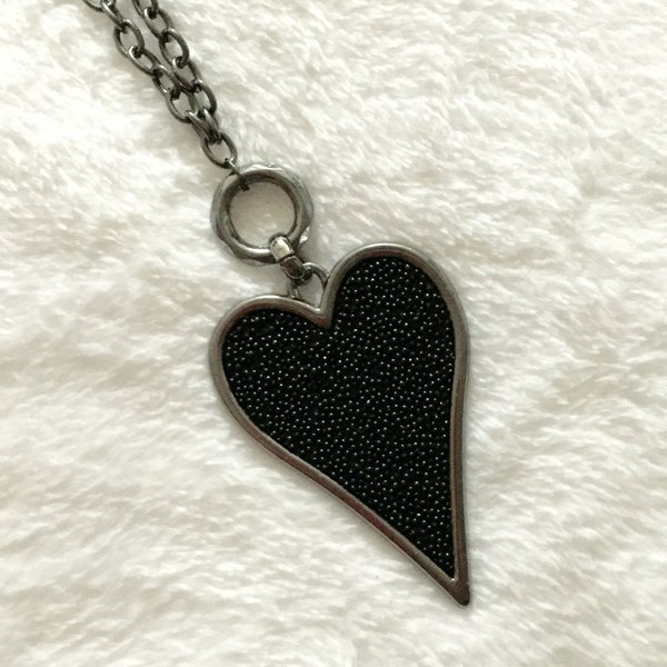 Black Beaded Heart Necklace on Gunmetal Chain