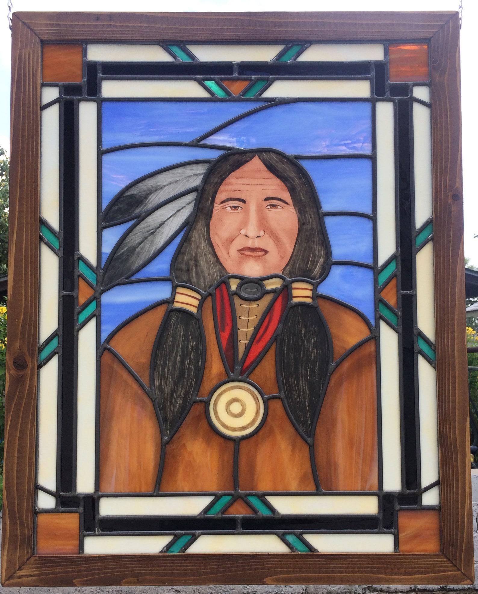 Native American Indian Chief Stained Glass Panel Hand Painted Etsy