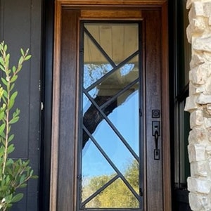 Modern DI-35 Pre-Hung and Finished Mahogany Wood and Iron Front Door.