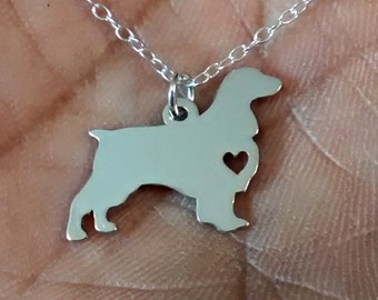 English Springer Spaniel Necklace - Engraving Pendant - Sterling Silver Hand Buffed - Gold & Rose Gold Charm - Personalized Pet Dog Jewelry