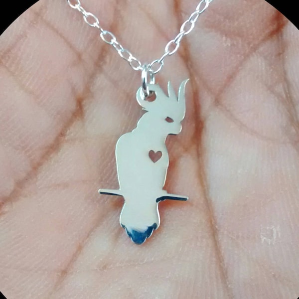 Cockatoo Necklace Engrave Pendant Sterling Silver Jewelry Gold & Rose Gold Filled Personalized Bird Pet hand Buffed Animal Charm