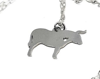 Bull Necklace Engrave Pendant Sterling Silver Gold & Rose Gold Filled Personalized Jewelry Pet Cow Cattle Farm Animal Charm Hand Buffed Gift