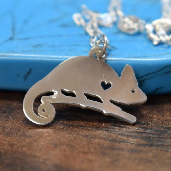 Chameleon Necklace Engraving Pendant Sterling Silver Jewelry Gold & Rose Gold Filled Charm Personalized Pet Hand Buffed Animal Gift
