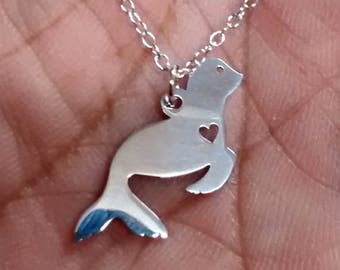 Personalized Seal Necklace, Sterling Silver Pet Pendant, Engraved Jewelry