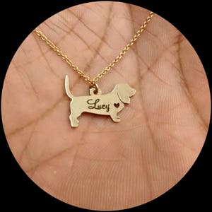 May include: Gold necklace with a dachshund silhouette pendant. The pendant has the name "Lucy" engraved on it.
