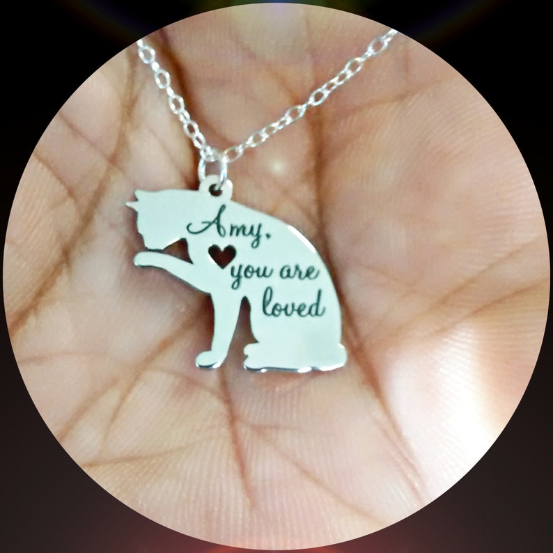 Cat Necklace Engraving Pendant Sterling Silver Jewelry Etsy
