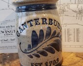 Beautiful Salt Glazed Crock Canterbury 39 Connecticut 39 Est. 1703. Cobalt blue leaf design, speckled stoneware pottery, singed by artist
