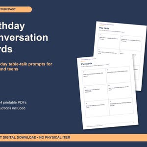Birthday Conversation Cards Printable PDF, 24 Cards, Host Guide, Letter and A4