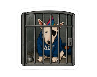 Sad Bull Terrier in Jail Sticker | Melancholy Dog, Hoodie, Party Hat (Kiss-Cut Vinyl)