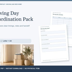 Op de afbeelding: Een digitaal verhuisdag-coördinatiepakket met twee printbare pagina's, inclusief een verhuisschema en een verhuisbriefing. Het document bevat secties voor data, taken, locaties en belangrijke details voor de sleuteloverdracht in een strakke lay-out.