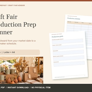 May include: A digital craft fair production prep planner with 6 pages in Letter and A4 sizes. The document features sections for production goals and a production schedule, with text including Craft Fair Production Prep Planner and RETROFUTUREPAST.