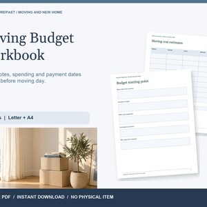 Op de afbeelding: Een digitaal verhuisbudgetwerkboek met twee witte pagina's met blauwe tekst en rasterlijnen. De pagina's bevatten secties met de titels Moving cost estimates en Budget starting point en een kleine foto.