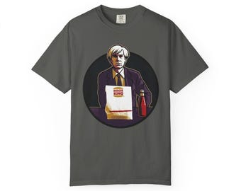 Andy Warhol z torbą Burger Kinga i koszulką z napojem Soda | Ilustracja w stylu retro pop-art