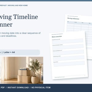 Könnte beinhalten: Ein digitaler Umzugs-Zeitplaner mit dunkelblauem Text auf weißem Hintergrund. Die Seiten enthalten Abschnitte mit den Titeln Moving Milestones und Move Overview mit leeren Feldern für Daten, Aufgaben und Notizen. Enthält 6 Seiten im A4-Format.