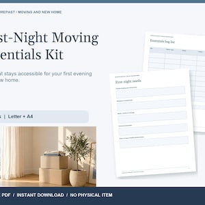 Może przedstawiać: Cyfrowy planer First-Night Moving Essentials Kit składający się z 6 stron w formatach Letter i A4. Dokument zawiera formularz First-night needs oraz listę Essentials bag list. Małe zdjęcie przedstawia kartony i roślinę doniczkową.
