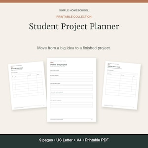 Puede incluir: Una colección de planificadores de proyectos estudiantiles imprimibles que consta de tres páginas blancas con texto y líneas negras. Las páginas incluyen secciones tituladas Break it into steps, Define the project y Gather what I need. El texto 9 pages US Letter + A4 es visible.