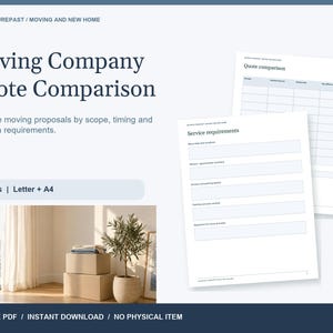 Könnte beinhalten: Ein digitales Dokumentenset mit dem Titel Moving Company Quote Comparison, das eine Vergleichstabelle für Angebote und ein Formular für Serviceanforderungen enthält. Das Layout bietet Textfelder für Umzugsdetails, Inventar und Zugang.