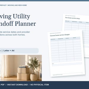 Op de afbeelding: Een Moving Utility Handoff Planner document met twee pagina's met tabellen voor New home service setup en Current home service changes. De lay-out bevat tekst, rasterlijnen en een kleine ingevoegde foto van kartonnen dozen en een plant.