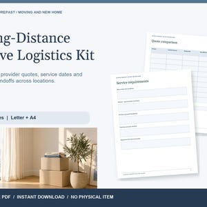 Op de afbeelding: Een digitale logistieke kit voor verhuizingen over lange afstand met 10 pagina's in Letter- en A4-formaat. Het document bevat secties voor offertevergelijking en servicevereisten met velden voor verhuisdata en details.