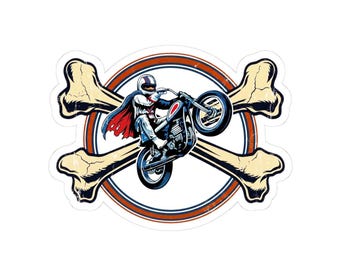 Evel Knievel Motorcycle Stunt Rider Sticker | Skull Bones Circle Kiss-Cut Sticker