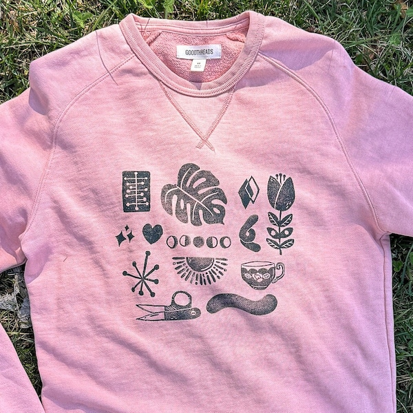 Nature & Junk Block Printed Sweatshirt | Linocut | Handmade T-Shirt | Thrifted Shirt | Upcycle