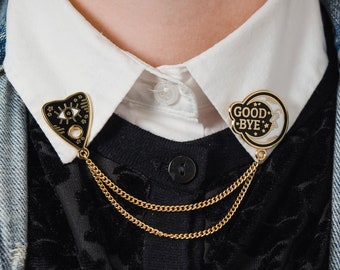 Ouija Hard Enamel Collar Pin Set With Chain | Cute Collar Chain Jacket Brooch label pin set groomsman accessory birthday Gift for her him