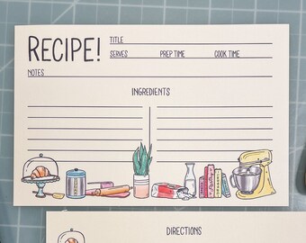 Blank Recipe card template for Bridal Shower Cooking & Baking 4"x6" Lined Ingredients Card Gift for Mum Kitchen Illustrations Cookbook