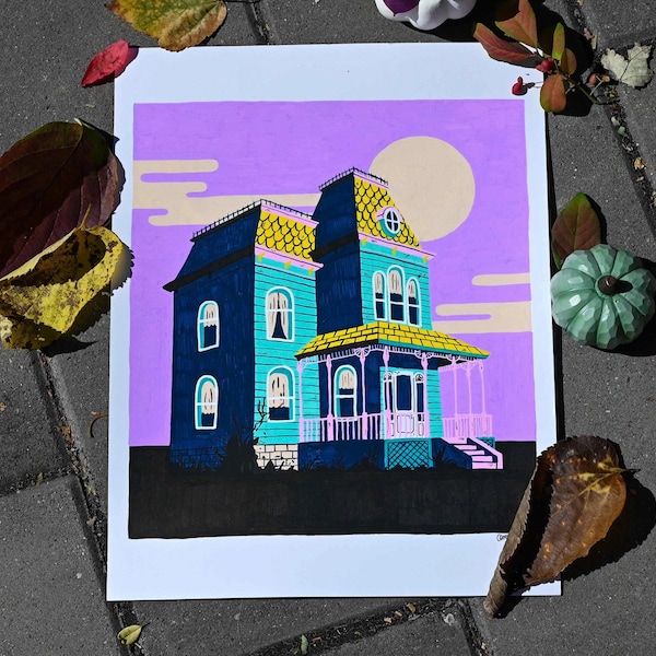 Norman Bates Psycho House Illustration | Horror Houses, Movie, Film, Art Print, Horror Decor, Witchy, Wall Art, Halloween