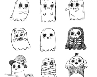 Ghost Friends | 8x8 Print | Halloween Decoration, Art Print, Spooky Art, Gothic Home Decor, Halloween Ghost, Creepy Cute Art, Wall Art