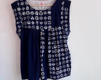 Top sans manches en tissu furoshiki bleu marine et blanc 100 % coton taille L/XL