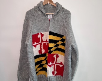 Cardigan tricoté main de style Cowichan avec drapeau du Maryland pour homme XL/XXL 100 % laine