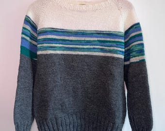 Pull tricoté main blanc, gris et vert pour homme M pour femme L 100 % laine