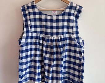 Top sans manches à carreaux bleu et blanc 100 % coton taille L/XL
