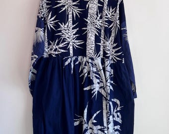 Robe bleue et blanche Furoshiki Upcycle : 100 % coton, taille L pour femme