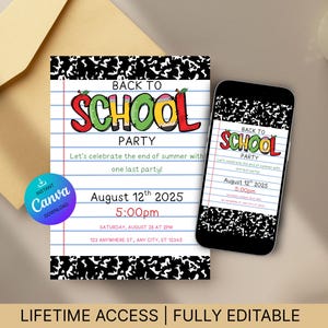Convite editável para festa de volta às aulas | Festa de fim de verão | Tamanhos para móbile e 5x7 | Convite infantil com tema escolar divertido