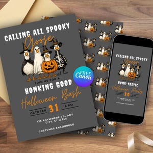 Spooky Goose Halloween Party 5x7 and Mobile Invitation: Editable Canva Template