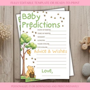May include: Baby prediction cards featuring a Winnie the Pooh theme. The cards are green and yellow, with illustrations of bees, a tree, and Pooh Bear. The cards include prompts for baby's details.