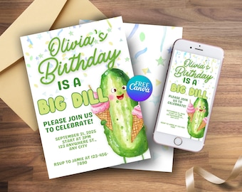 Invitación de cumpleaños con temática de pepinillos, plantilla editable de Canva de Big Dill