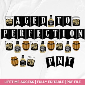 Aged to Perfection Birthday Decor: Editable Banner, Cake Topper, Cupcake Picks