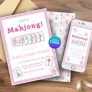May include: A pink and white Mahjong game night invitation with the text "Let's Mahjong!" and "Girls Game Night". The invitation includes event details. A smartphone displays the same invitation. A "Free Canva" logo is also visible.