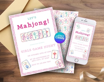 May include: A pink and white invitation for a Mahjong game night. The invitation includes the text "Let's Mahjong!" and "Girls Game Night" with details about the event. A smartphone displays the same invitation. A "Free Canva" logo is also visible.