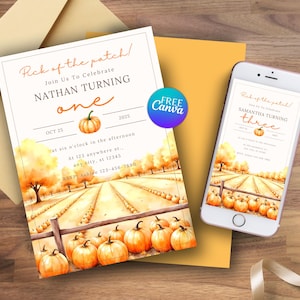 May include: A fall-themed invitation with the text "Pick of the patch!" and "Nathan Turning One." The design features a pumpkin patch illustration with pumpkins, trees, and a fence. A smartphone displays a similar design. Includes the text "Free Canva."